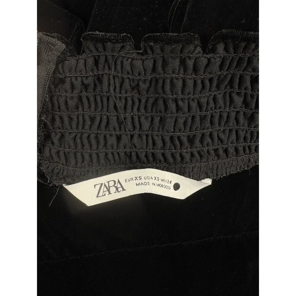 Zara Black Velvet High-Neck Smocked Cuff Long‎ Sleeve Dress XS
